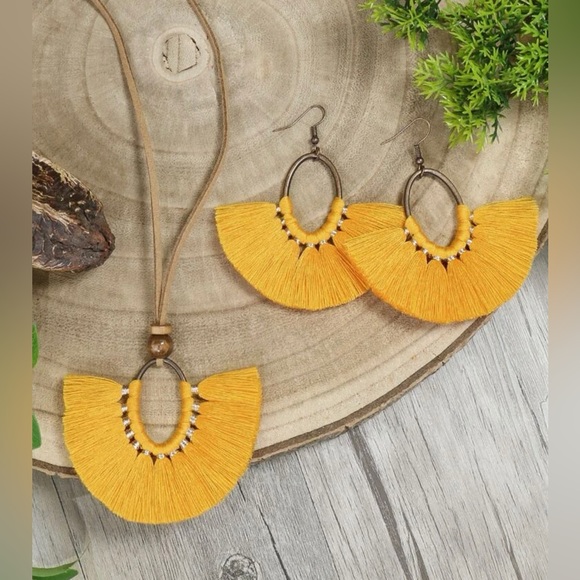 Jewelry - ❀ Boho Yellow Tassel Cowhide Necklace & Earring Set